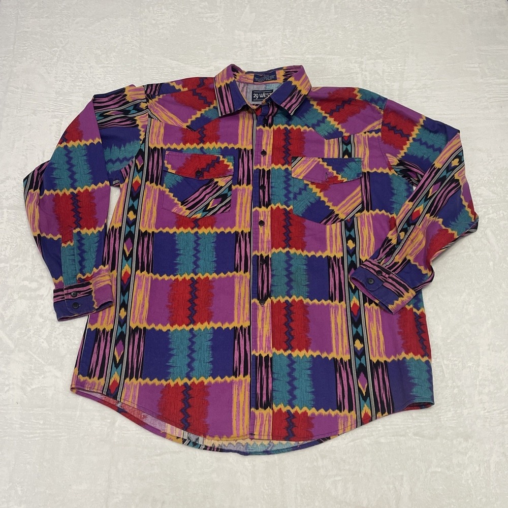 Vintage 90s 29 WEST Western shirt Mens XL abstract colorful cotton Button up